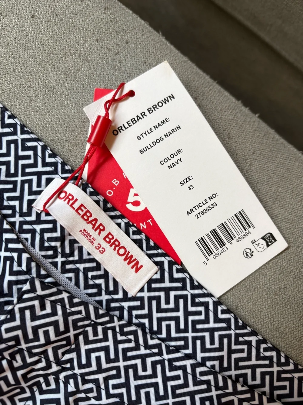 Orlebar Brown Bulldog Mid-Length Swim Trunks in Navy and White Geometric